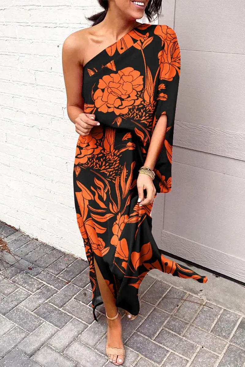 Casual Vacation Print Patchwork Oblique Collar Irregular Dress Dresses(16 Colors)