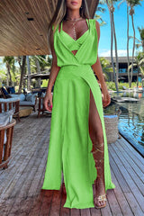 Casual Vacation Print Patchwork Frenulum V Neck Sleeveless Two Pieces