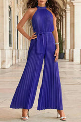 Casual Simplicity Solid Frenulum Fold Halter Loose Jumpsuits(6 Colors)