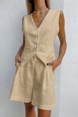 Casual Solid Pocket V Neck Sleeveless Two Pieces(6 Colors)