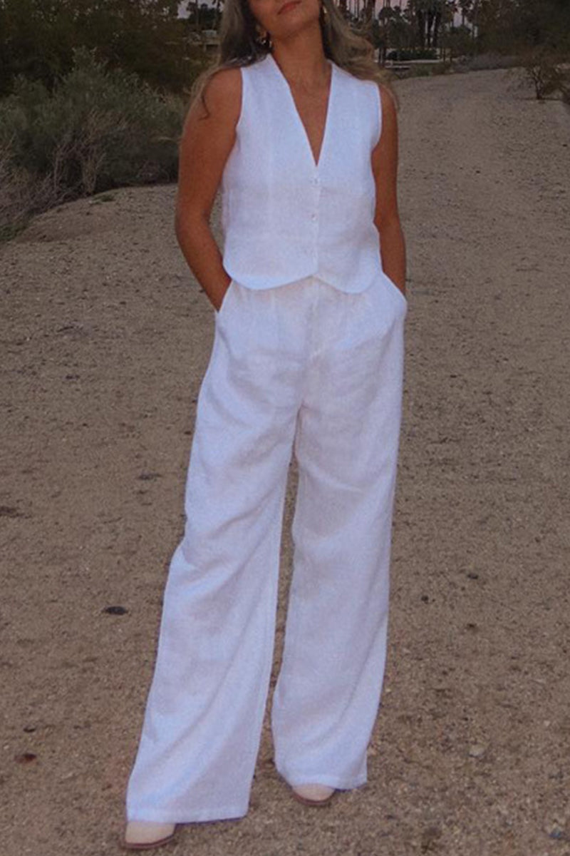 Casual Simplicity Solid Buckle V Neck Sleeveless Two Pieces(6 Colors)