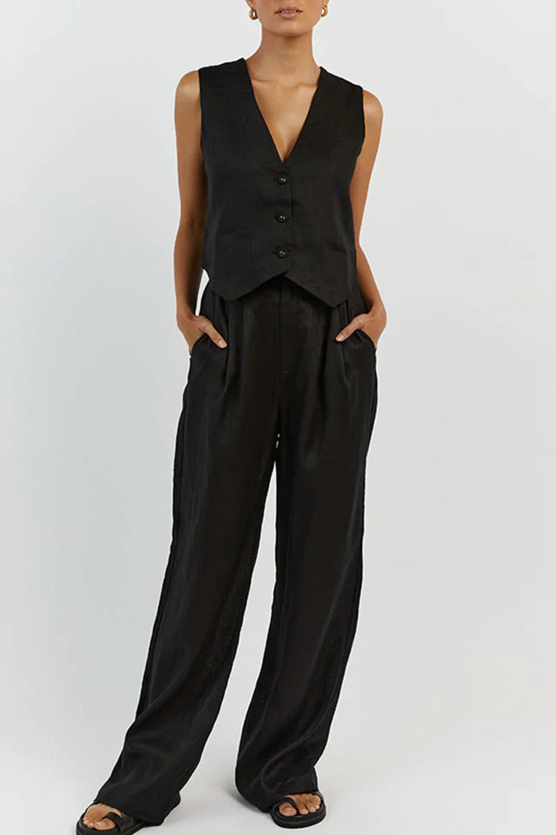 Casual Simplicity Solid Buckle V Neck Sleeveless Two Pieces(6 Colors)