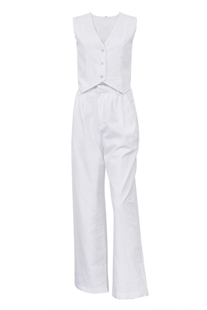 Casual Simplicity Solid Buckle V Neck Sleeveless Two Pieces(6 Colors)