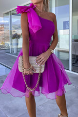 Elegant Solid Mesh Oblique Collar A Line Dresses(4 Colors)