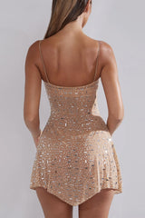 Sexy Solid See-through Asymmetrical Hot Drill U Neck Sling Dress Dresses