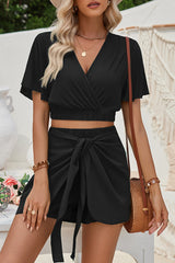Sexy Solid Frenulum V Neck Short Sleeve Two Pieces(3 Colors)