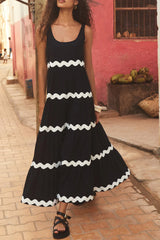 Sexy Simplicity Print Ripple Contrast U Neck Sleeveless Dress Dresses(4 Colors)