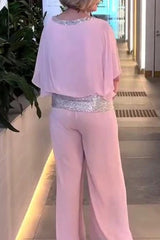 Casual Solid Sequins O Neck Two Pieces