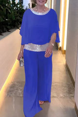 Casual Solid Sequins O Neck Two Pieces