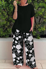 Casual Vintage Floral Pocket O Neck Short Sleeve Two Pieces