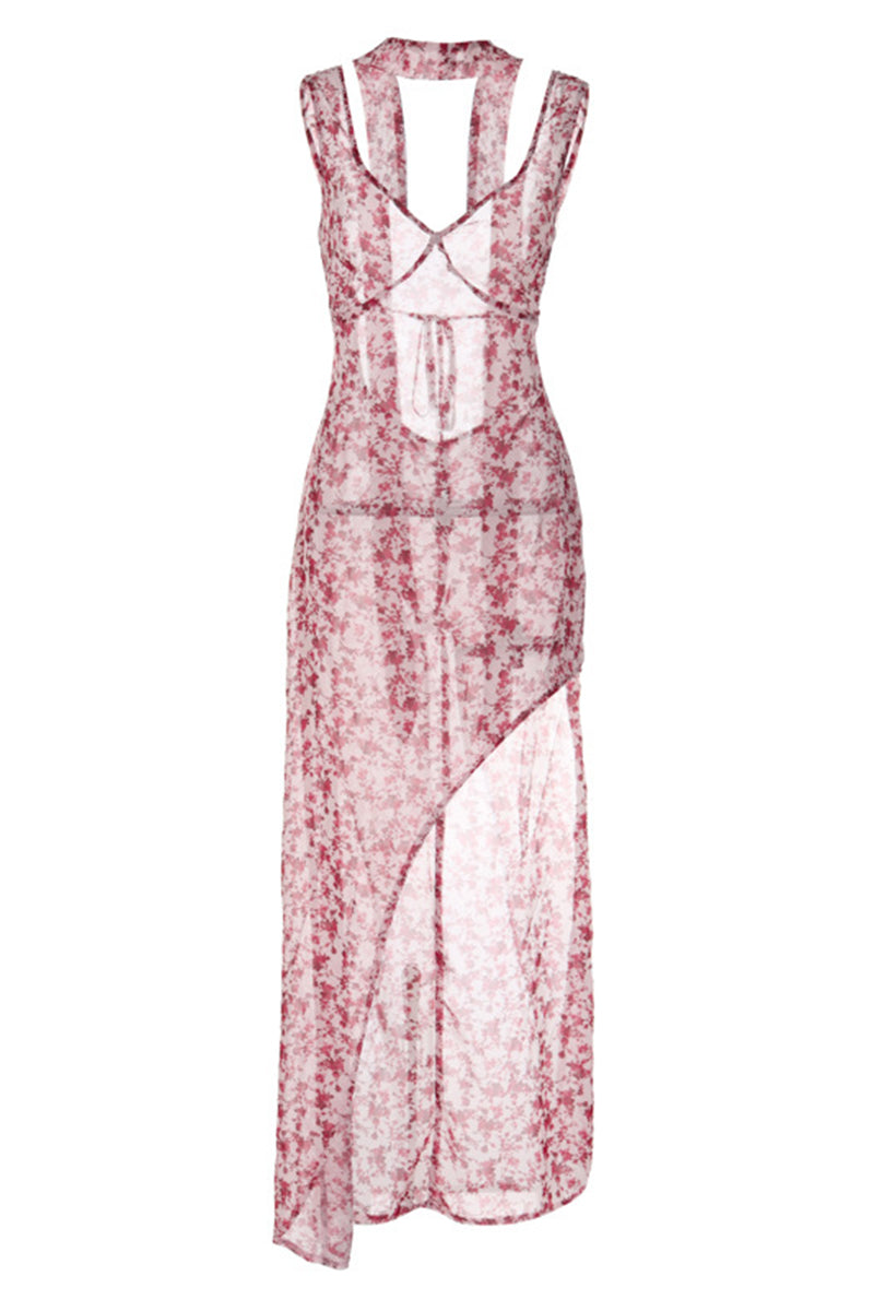 Sexy Floral Bandage Backless Slit V Neck Dresses