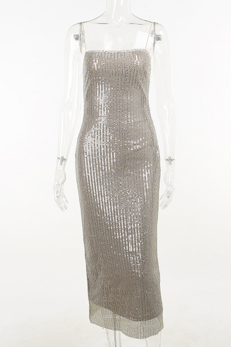 Sexy Solid Sequins Backless Sequined Square Collar Sling Dresses