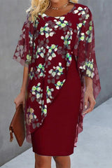 Elegant College Floral Flounce Asymmetrical O Neck Half Sleeve Two Pieces(3 Colors)