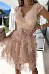 Sweet Solid Lace Asymmetrical Mesh V Neck Princess Dresses(3 Colors)