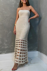 Sexy Vacation Solid Hollowed Out Strapless Beach Dresses(6 Colors)