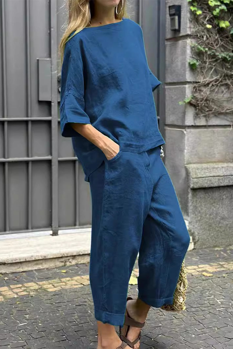 Casual Solid Pocket O Neck Three Quarter Two Pieces(8 Colors)