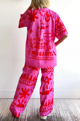 Casual Street Floral Patchwork Pocket Turndown Collar Short Sleeve Two Pieces