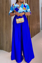 Elegant Print Patchwork V Neck Half Sleeve Two Pieces