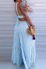 Sexy Street Stripe Pocket Lace Up Ruffle V Neck Sleeveless Two Pieces