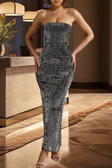 Celebrities Backless Slit Hot Drill Patchwork Strapless Long Dresses