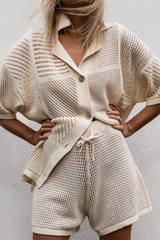 Casual Solid Hollowed Out Turndown Collar Half Sleeve Two Pieces