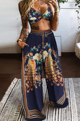 Sexy Casual Print Backless Spaghetti Strap Sleeveless Two Pieces