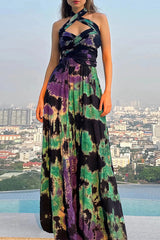Sexy Tie Dye Print Cross Straps Contrast V Neck Sleeveless Dresses（A variety of binding methodsï¼?3 Colors)