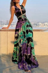 Sexy Tie Dye Print Cross Straps Contrast V Neck Sleeveless Dresses（A variety of binding methodsï¼?3 Colors)