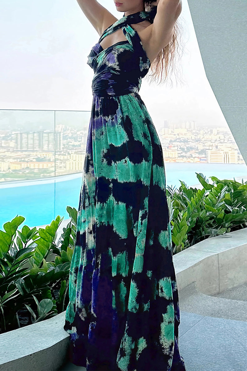 Sexy Tie Dye Print Cross Straps Contrast V Neck Sleeveless Dresses（A variety of binding methodsï¼?3 Colors)