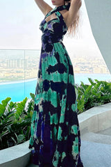 Sexy Tie Dye Print Cross Straps Contrast V Neck Sleeveless Dresses（A variety of binding methodsï¼?3 Colors)