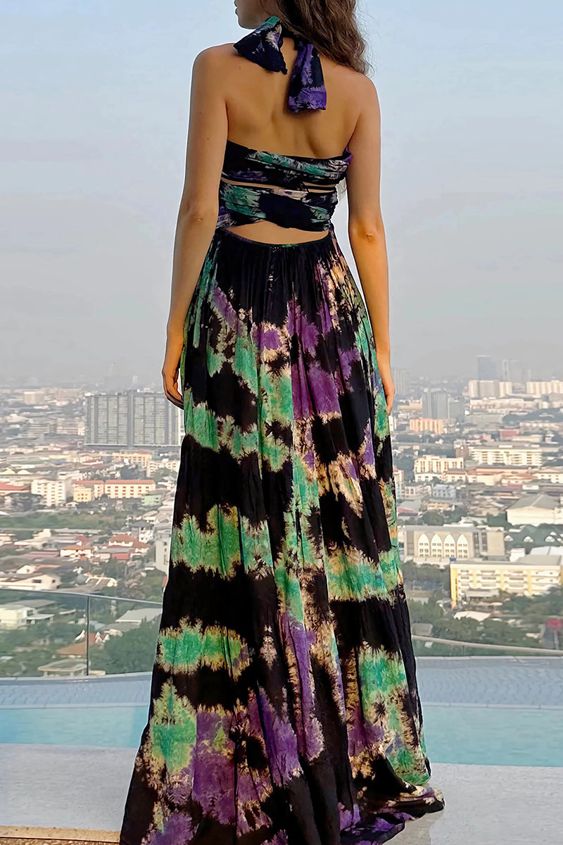 Sexy Tie Dye Print Cross Straps Contrast V Neck Sleeveless Dresses（A variety of binding methodsï¼?3 Colors)
