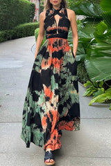 Sexy Tie Dye Print Cross Straps Contrast V Neck Sleeveless Dresses（A variety of binding methodsï¼?3 Colors)