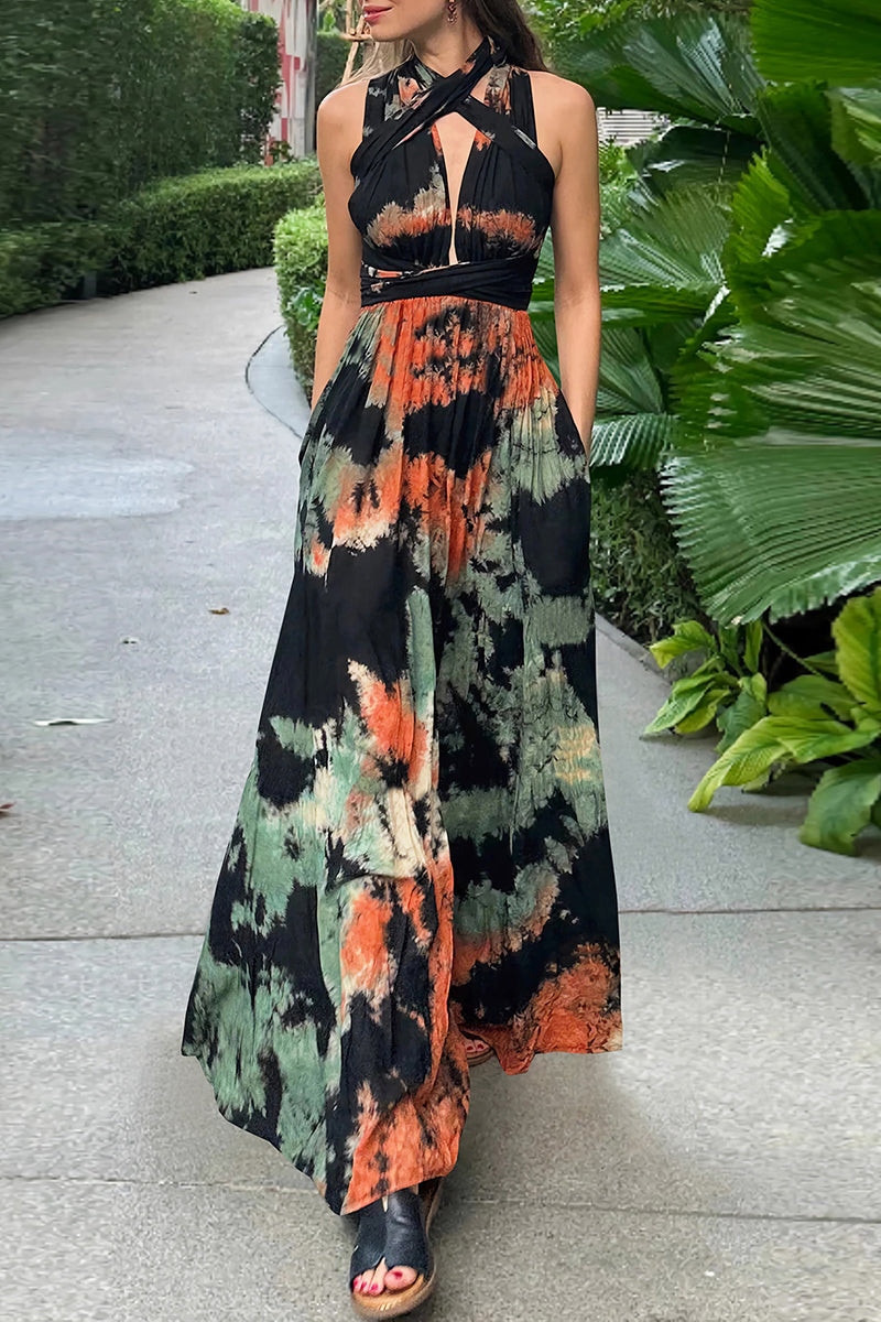 Sexy Tie Dye Print Cross Straps Contrast V Neck Sleeveless Dresses（A variety of binding methodsï¼?3 Colors)