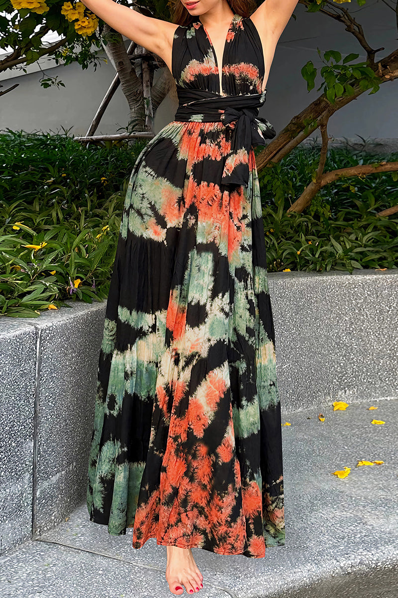 Sexy Tie Dye Print Cross Straps Contrast V Neck Sleeveless Dresses（A variety of binding methodsï¼?3 Colors)
