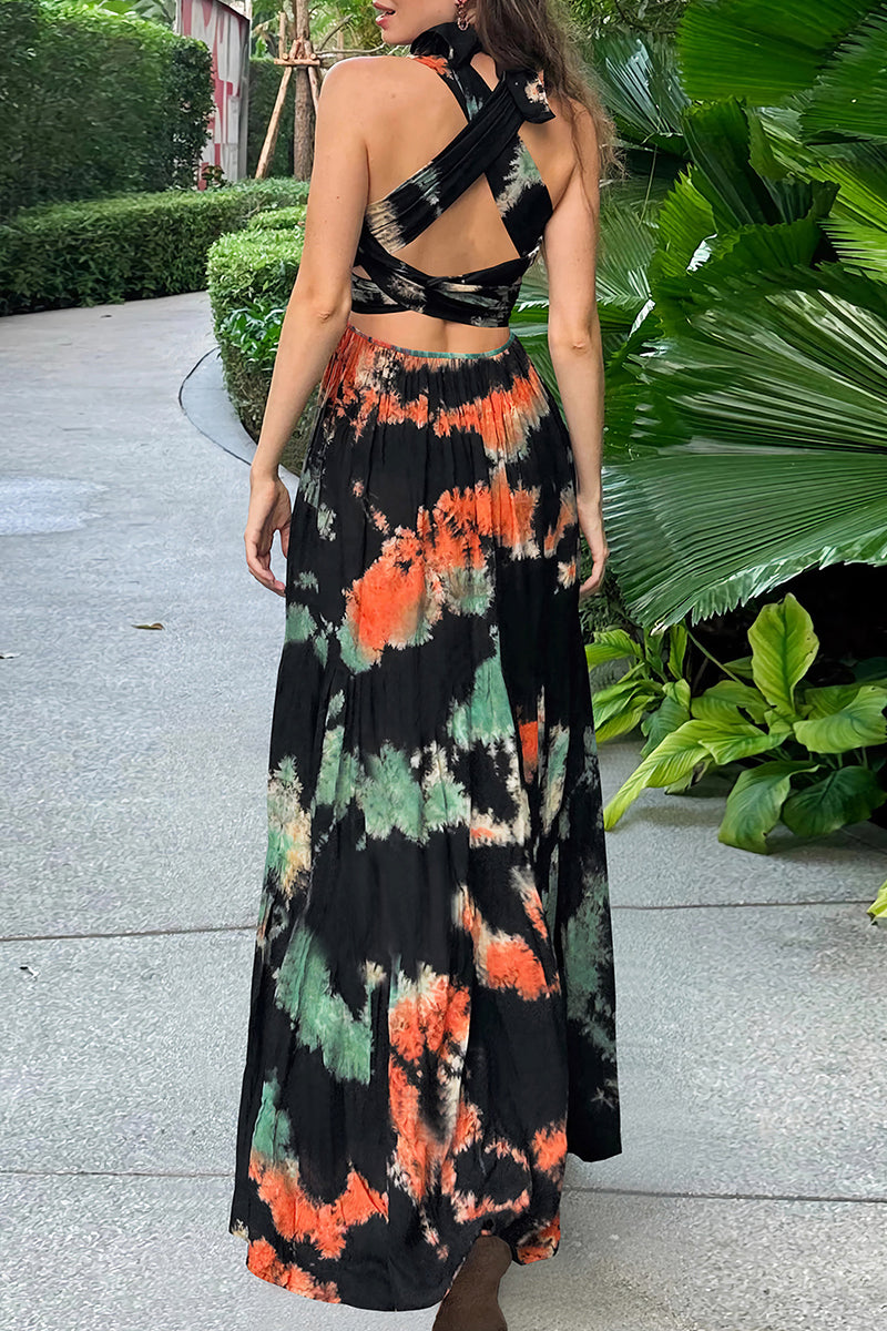 Sexy Tie Dye Print Cross Straps Contrast V Neck Sleeveless Dresses（A variety of binding methodsï¼?3 Colors)