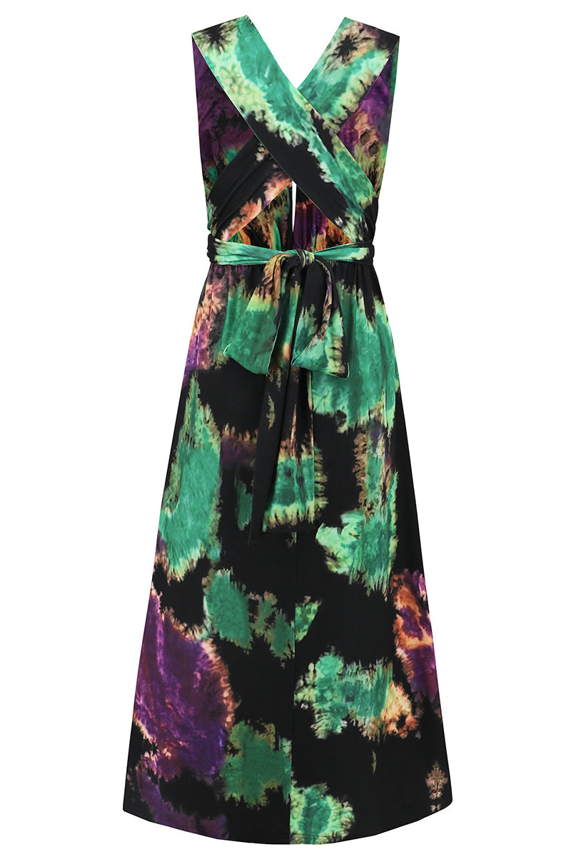 Sexy Tie Dye Print Cross Straps Contrast V Neck Sleeveless Dresses（A variety of binding methodsï¼?3 Colors)