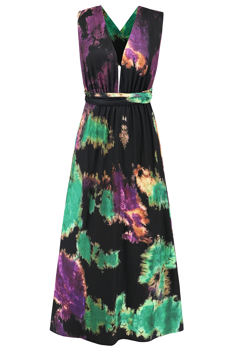 Sexy Tie Dye Print Cross Straps Contrast V Neck Sleeveless Dresses（A variety of binding methodsï¼?3 Colors)