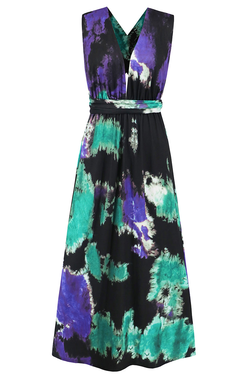 Sexy Tie Dye Print Cross Straps Contrast V Neck Sleeveless Dresses（A variety of binding methodsï¼?3 Colors)