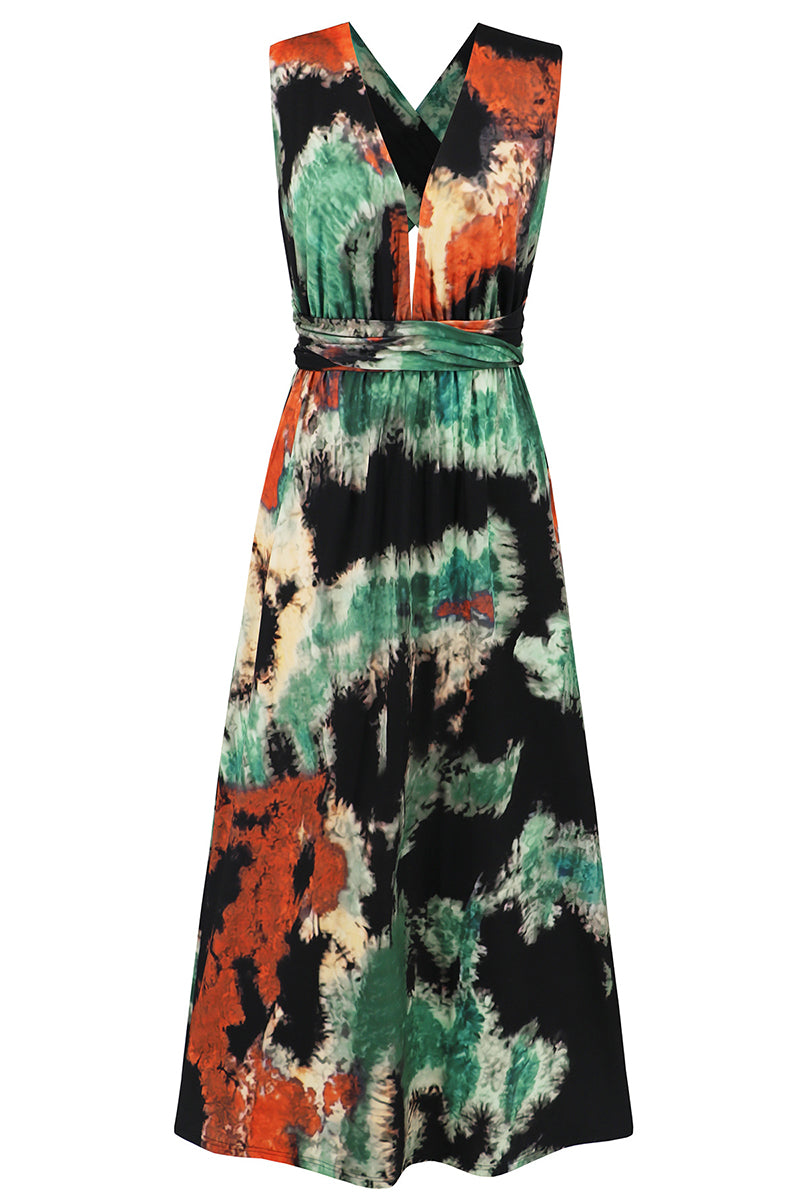 Sexy Tie Dye Print Cross Straps Contrast V Neck Sleeveless Dresses（A variety of binding methodsï¼?3 Colors)