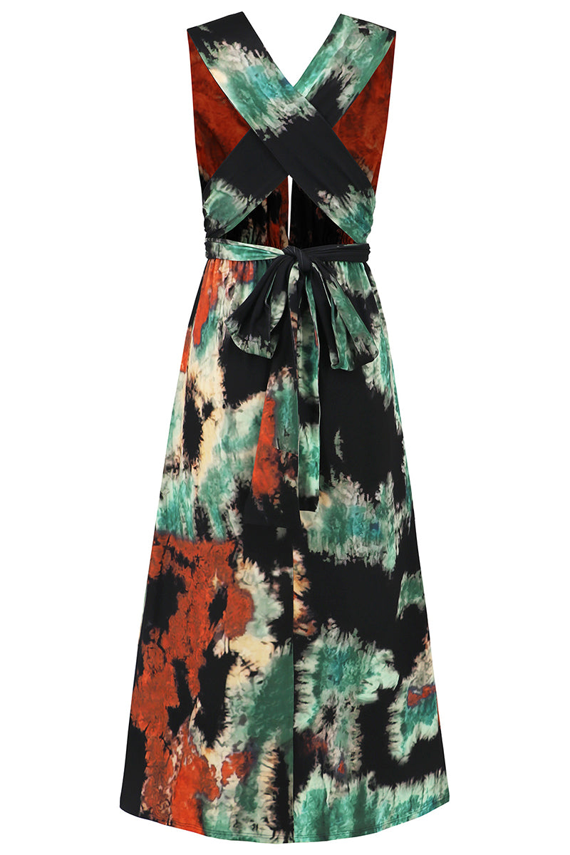 Sexy Tie Dye Print Cross Straps Contrast V Neck Sleeveless Dresses（A variety of binding methodsï¼?3 Colors)