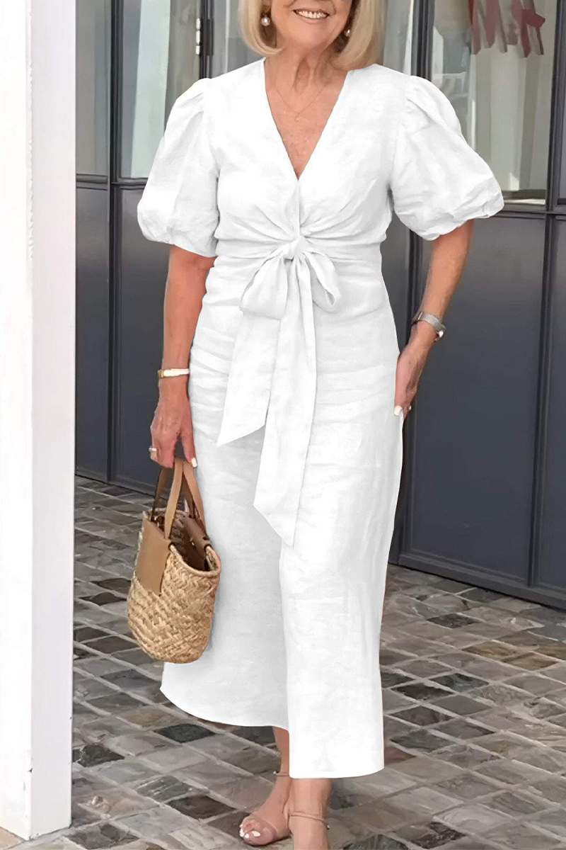 Casual Daily Lace Up V Neck A Line Short Sleeve Dress(7 Colors)