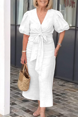 Casual Daily Lace Up V Neck A Line Short Sleeve Dress(7 Colors)