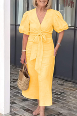 Casual Daily Lace Up V Neck A Line Short Sleeve Dress(7 Colors)