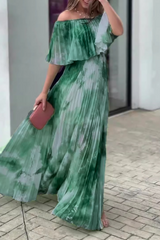 Elegant Gradient Print Pleated Off Shoulder Pleated Dresses