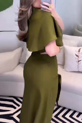 Sexy Solid Color Slit Irregular Shawl Collar Short Sleeve Two Pieces
