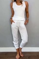 Casual Daily Solid Color Draw String Pocket Lace Up U Neck Sleeveless Two Pieces(6 Colors)