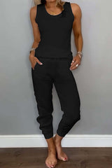 Casual Daily Solid Color Draw String Pocket Lace Up U Neck Sleeveless Two Pieces(6 Colors)