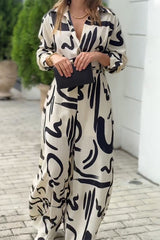 Casual Street Geometric Print Lace Up Turndown Collar Loose Jumpsuits