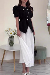 Celebrities Elegant Buttons Patchwork O Neck Short Sleeve Two Pieces(4 Colors)