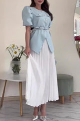 Celebrities Elegant Buttons Patchwork O Neck Short Sleeve Two Pieces(4 Colors)